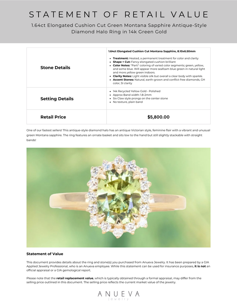 1.64ct Elongated Cushion Cut Green Montana Sapphire Antique-Style Diamond Halo Ring in 14k Green Gold