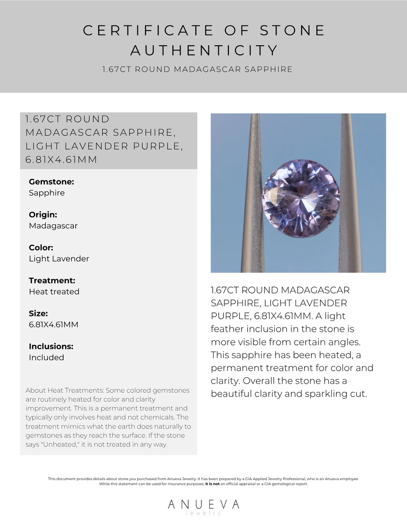 1.67CT ROUND MADAGASCAR SAPPHIRE, LIGHT LAVENDER PURPLE, 6.81X4.61MM