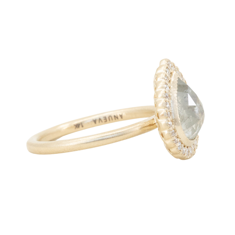 1.69ct Rosecut Grey Pear Diamond and Antique Style Scalloped Halo Ring in 14k Yellow Gold Satin Finish