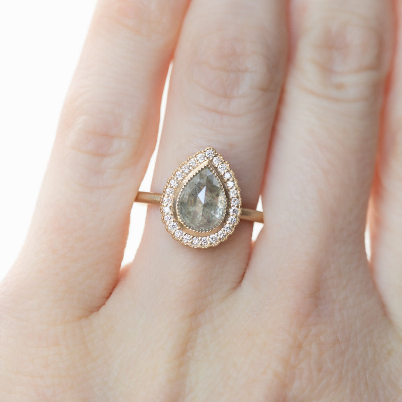 1.69ct Rosecut Grey Pear Diamond and Antique Style Scalloped Halo Ring in 14k Yellow Gold Satin Finish