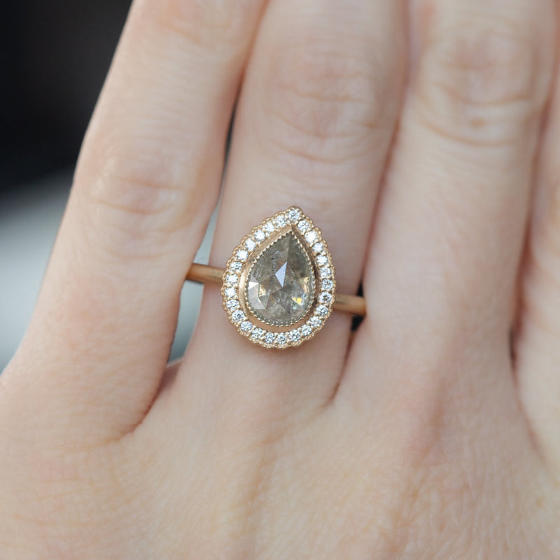 1.69ct Rosecut Grey Pear Diamond and Antique Style Scalloped Halo Ring in 14k Yellow Gold Satin Finish