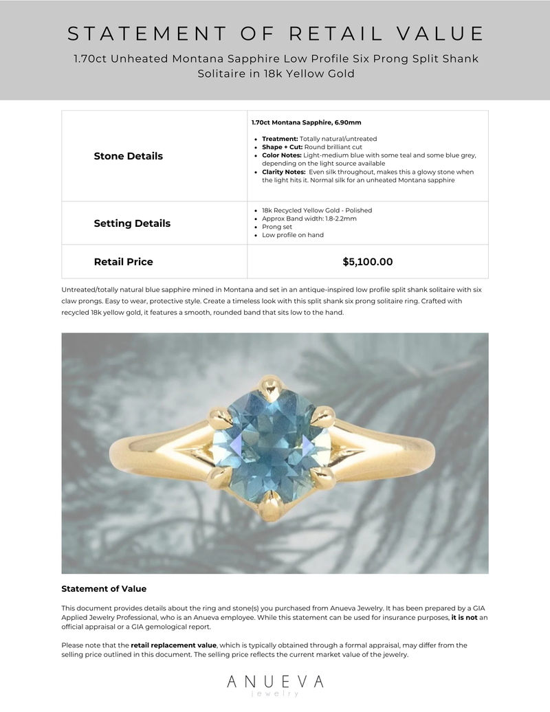 1.70ct Unheated Montana Sapphire Low Profile Six Prong Split Shank Solitaire in 18k Yellow Gold