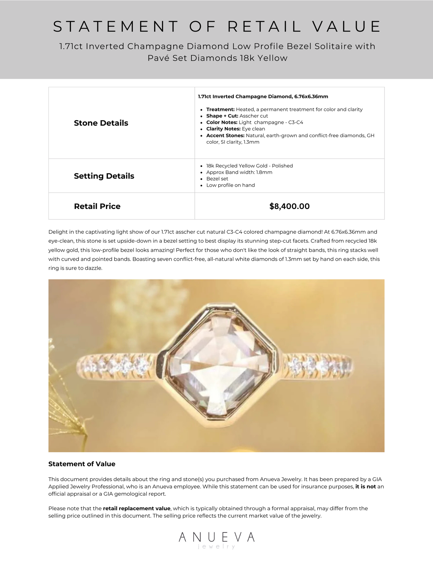 1.71ct Inverted Champagne Diamond Low Profile Bezel Solitaire with