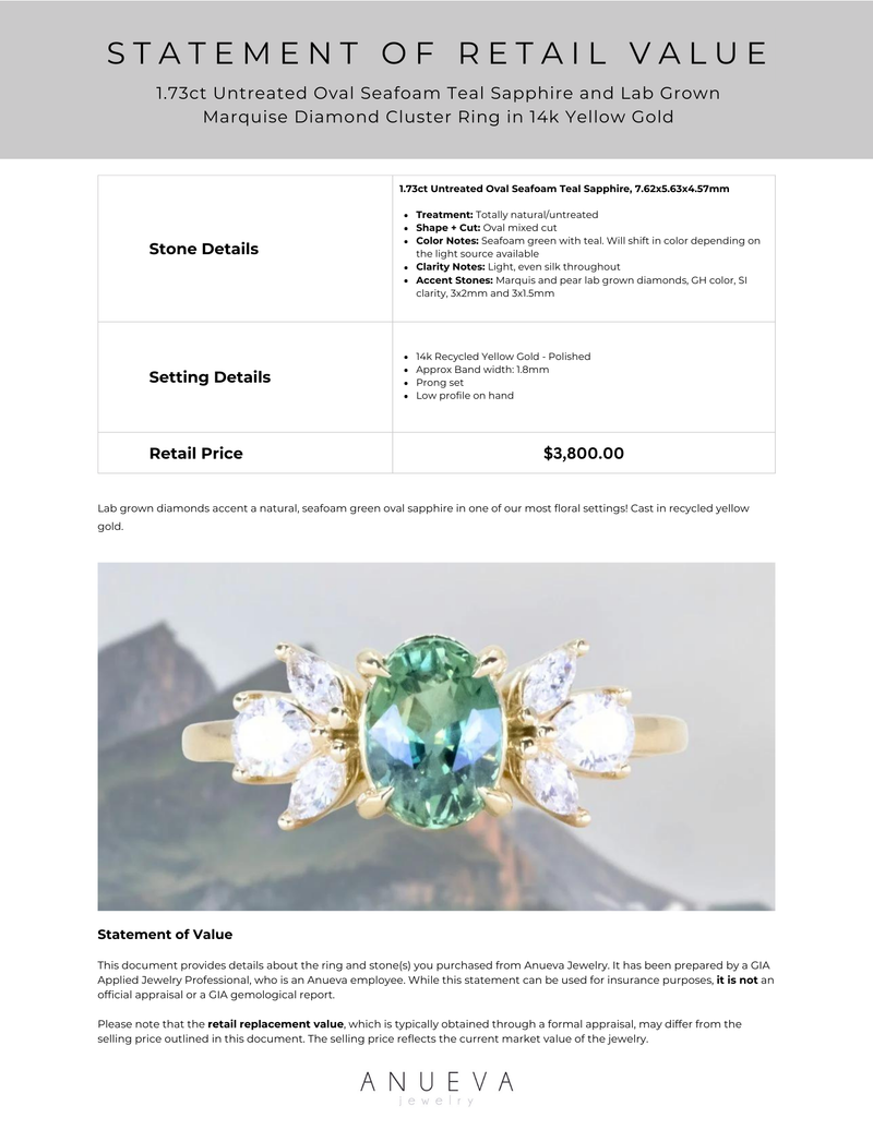 1.73ct Untreated Oval Seafoam Teal Sapphire and Lab Grown Marquise Diamond Cluster Ring in 14k Yellow Gold