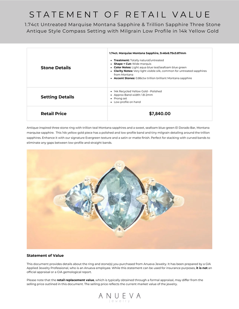 1.74ct Untreated Marquise Montana Sapphire and Trillion Sapphire Three Stone Antique Style Compass Setting with Milgrain Low Profile in 14k Yellow Gold