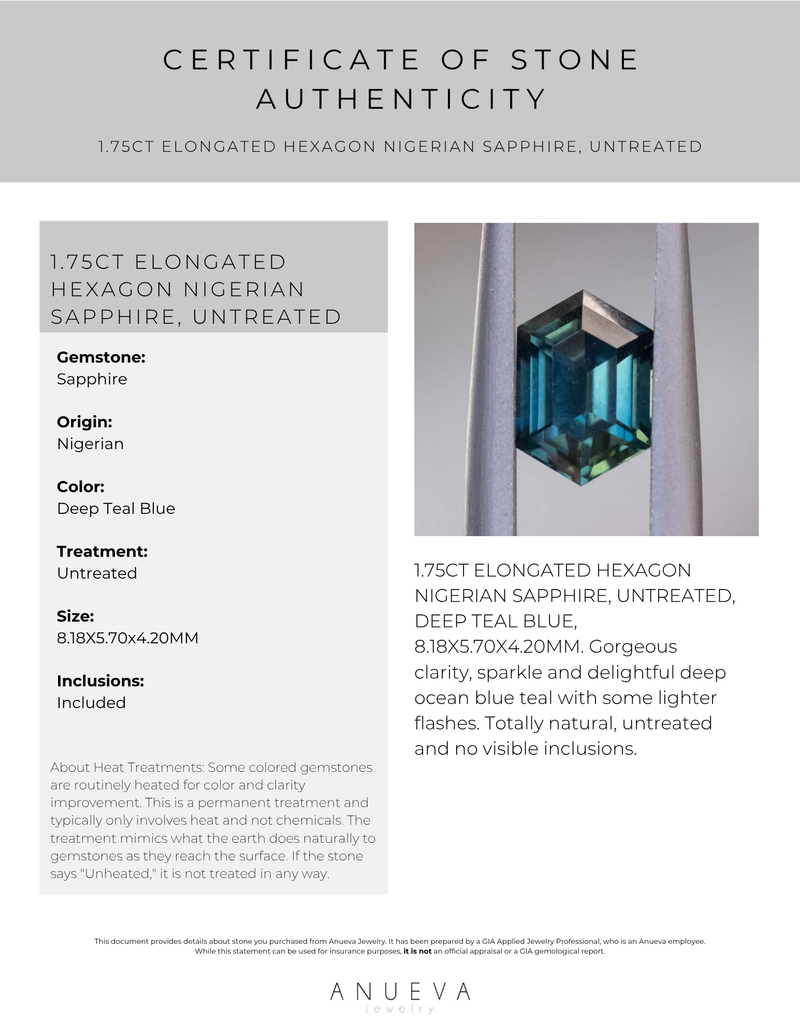 1.75CT ELONGATED HEXAGON NIGERIAN SAPPHIRE, UNTREATED, DEEP TEAL BLUE, 8.18X5.70X4.20MM