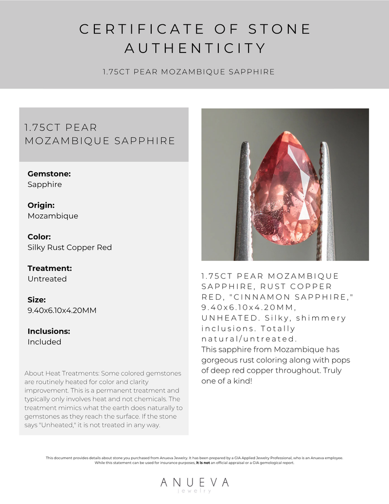 1.75CT PEAR MOZAMBIQUE SAPPHIRE, RUST COPPER RED, "CINNAMON SAPPHIRE," 9.40x6.10x4.20MM, UNHEATED