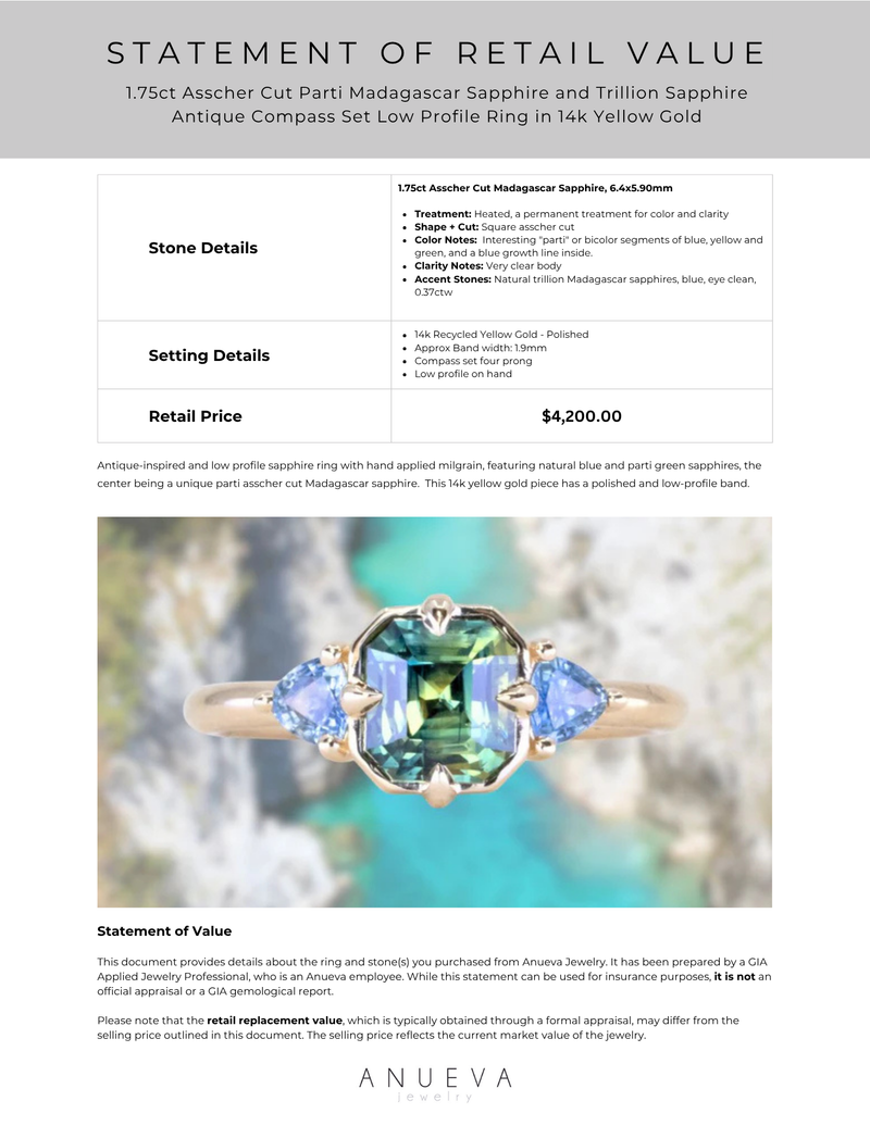 1.75ct Asscher Cut Parti Madagascar Sapphire and Trillion Sapphire Antique Compass Set Low Profile Ring in 14k Yellow Gold