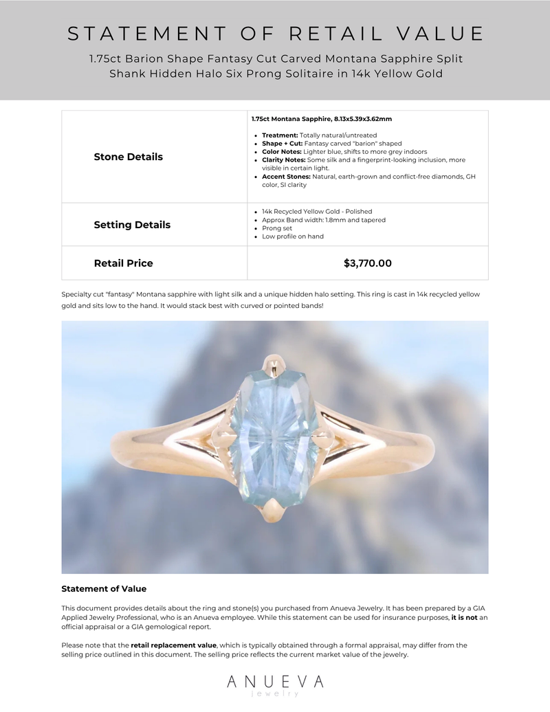 1.75ct Barion Shape Fantasy Cut Carved Montana Sapphire Split Shank Hidden Halo Six Prong Solitaire in 14k Yellow Gold