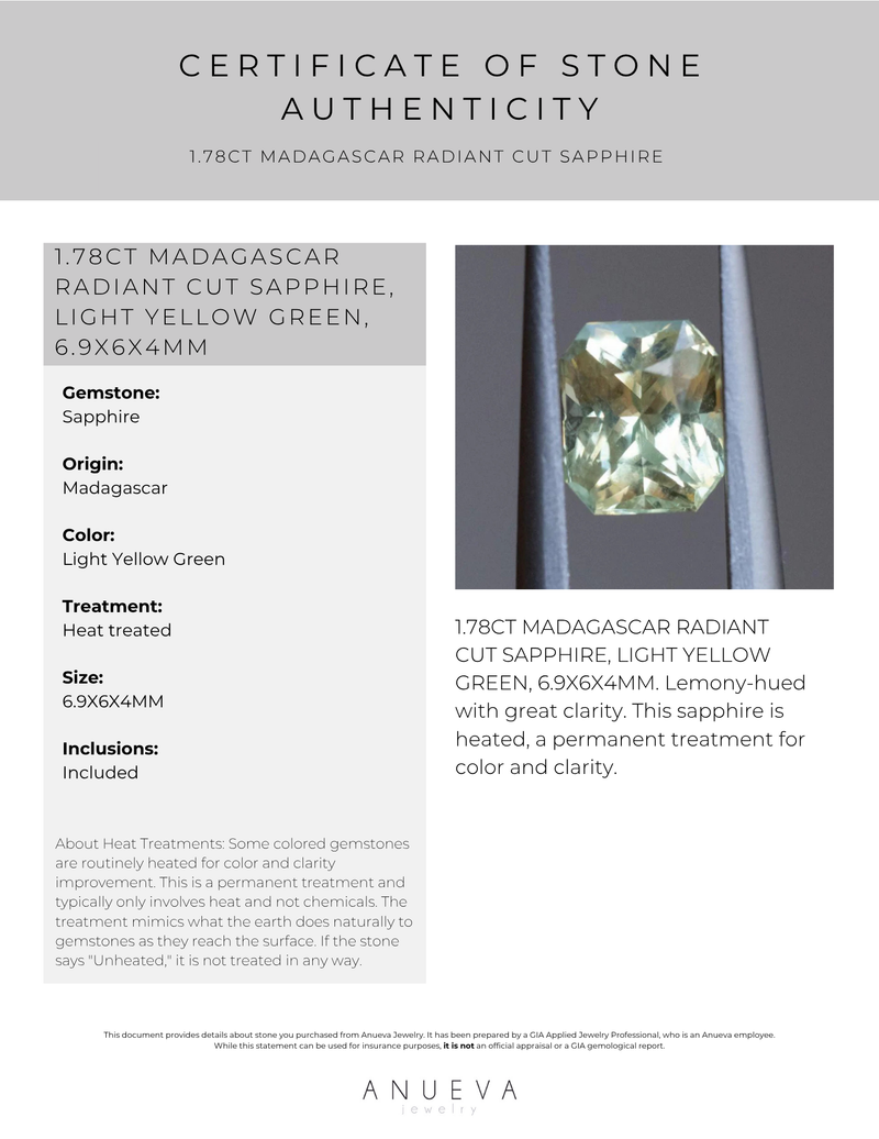1.78CT MADAGASCAR RADIANT CUT SAPPHIRE, LIGHT YELLOW GREEN, 6.9X6X4MM