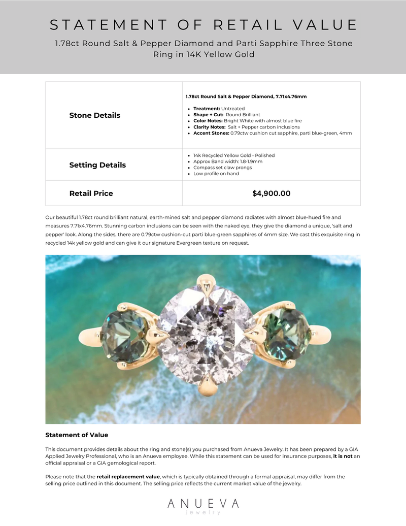 1.78ct Round Salt & Pepper Diamond and Parti Sapphire Three Stone Ring in 14K Yellow Gold