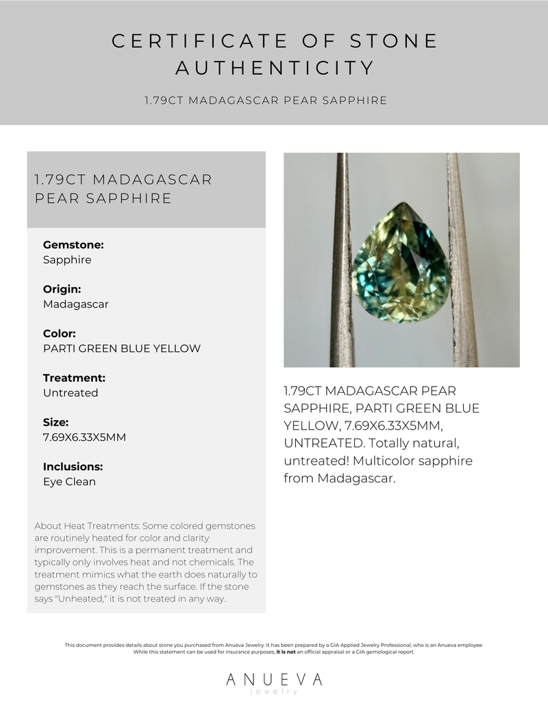 1.79CT MADAGASCAR PEAR SAPPHIRE, PARTI GREEN BLUE YELLOW, 7.69X6.33X5MM, UNTREATED, EARLY ACCESS