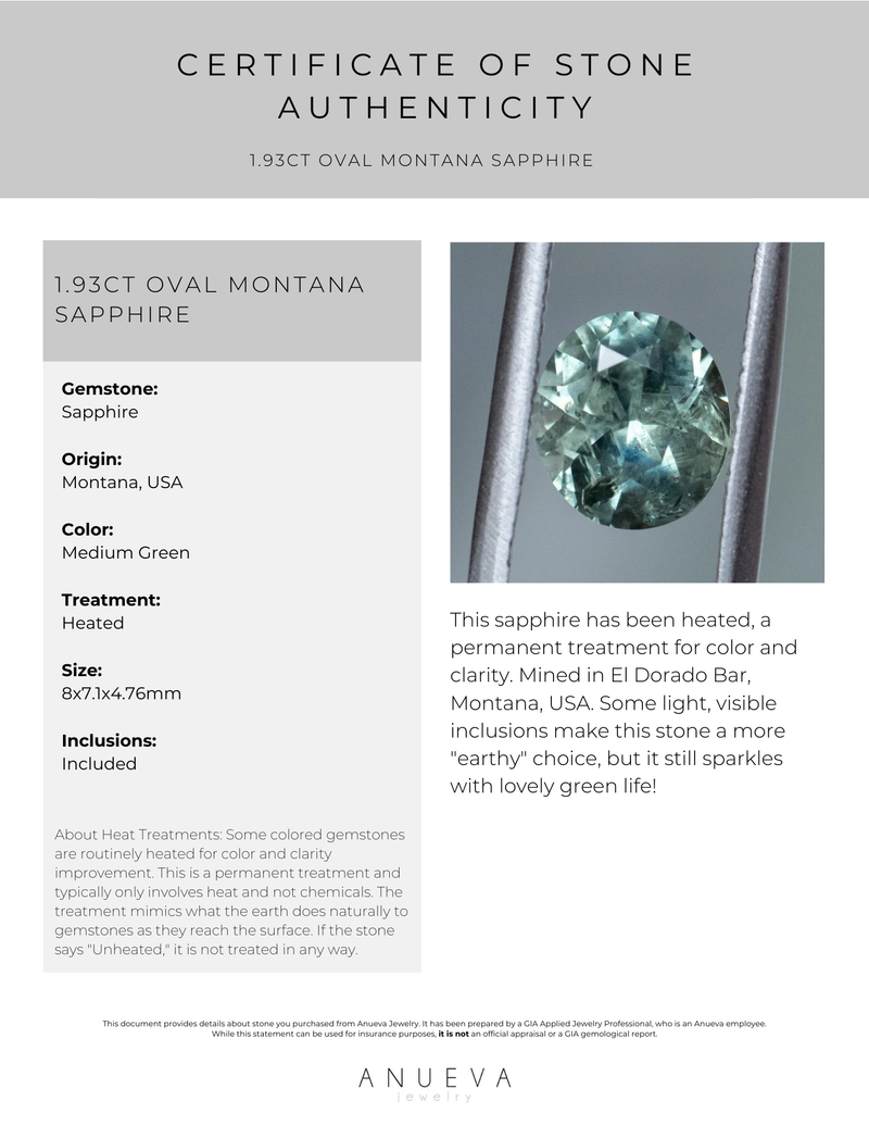 1.93CT OVAL MONTANA SAPPHIRE, MEDIUM GREEN TEAL WITH YELLOW, 8X7.1X4.76MM, EARLY ACCESS