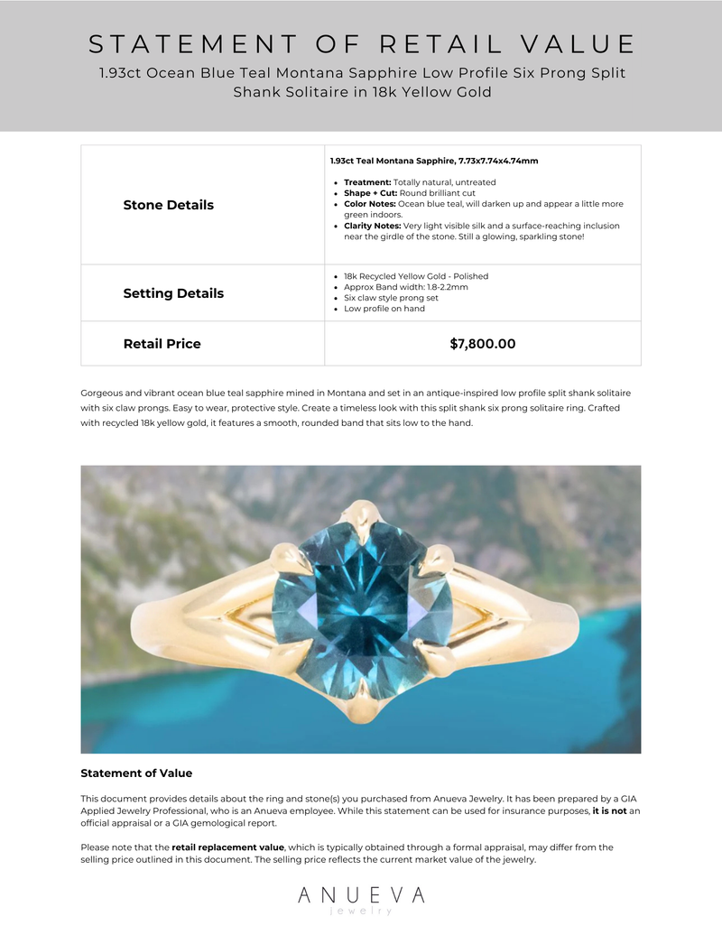 1.93ct Ocean Blue Teal Montana Sapphire Low Profile Six Prong Split Shank Solitaire in 18k Yellow Gold