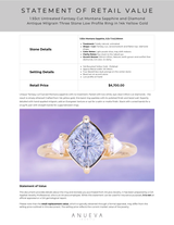 1.93ct Untreated Fantasy Cut Montana Sapphire and Diamond  Antique Milgrain Three Stone Low Profile Ring in 14k Yellow Gold