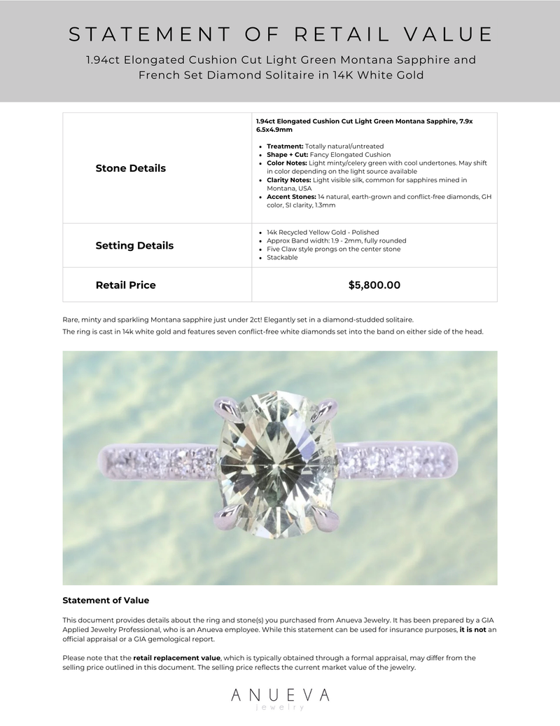 1.94ct Elongated Cushion Cut Light Green Montana Sapphire and French Set Diamond Solitaire in 14K White Gold