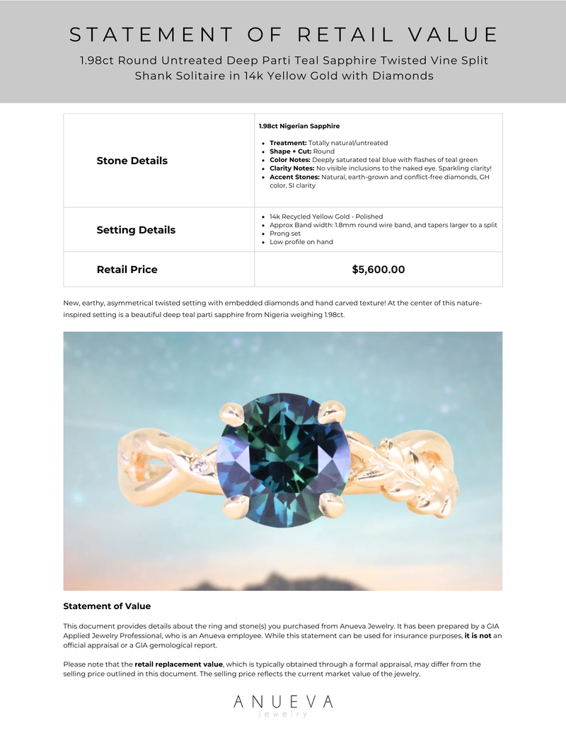 1.98ct Round Untreated Deep Parti Teal Sapphire Twisted Vine Split Shank Solitaire in 14k Yellow Gold with Diamonds