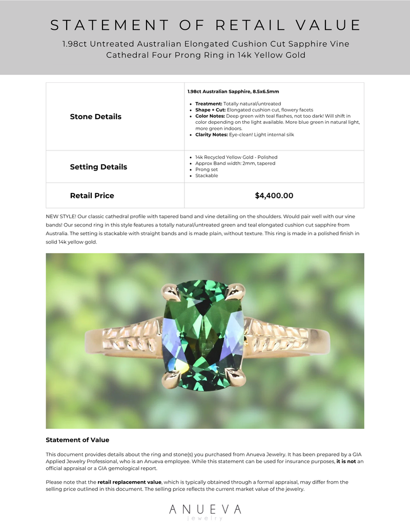 1.98ct Untreated Australian Elongated Cushion Cut Sapphire Vine Cathedral Four Prong Ring in 14k Yellow Gold