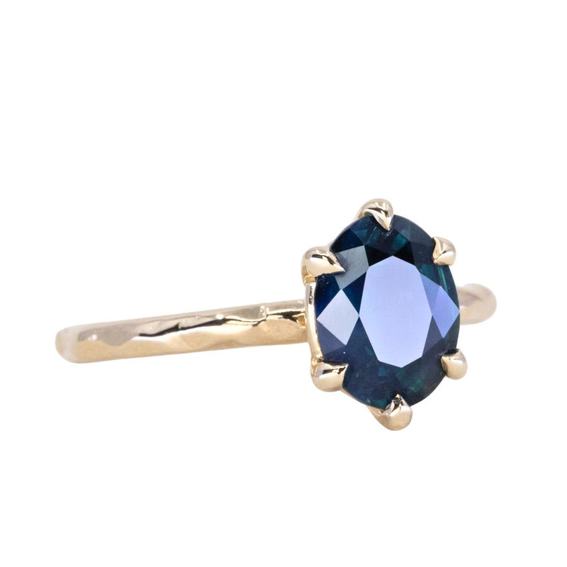 2.58ct Untreated Teal Oval Madagascar Sapphire Low Profile Tri-Band "Three Winds" 4 Prong Solitaire in 14k Yellow Gold