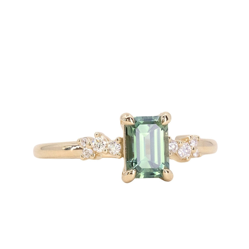 1.13ct Emerald Cut Seafoam Teal Australian Sapphire and Diamond Starry Night Low Profile Solitaire in 14k Yellow Gold