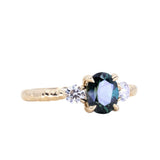 1.49ct Untreated Oval Nigerian Deep Teal Sapphire and Lab Grown Diamond Dainty Three Stone Ring in 14k Yellow Gold