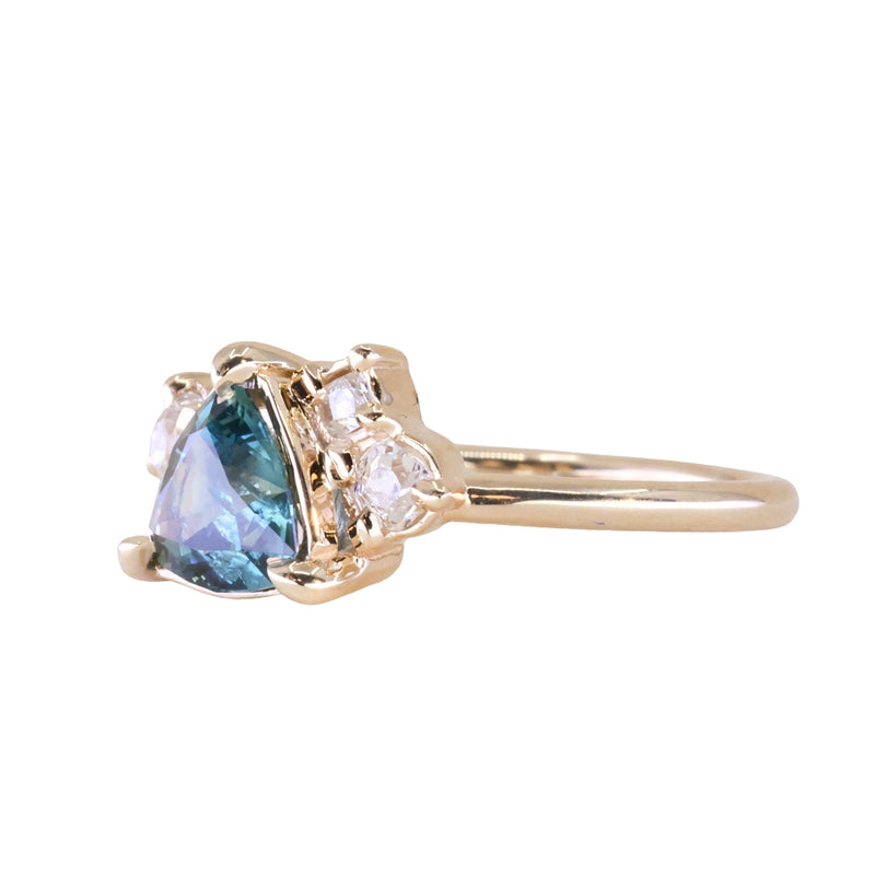 1.23ct Teal Montana Sapphire and Genuine Antique Diamond Mountainscape Ring in 14k Yellow Gold