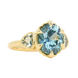 3.93ct Untreated Oval Teal Montana Sapphire and Trillion Australian Sapphire Three Stone Scallop Cup Antique Style with Milgrain Low Profile Ring in 18k Yellow Gold