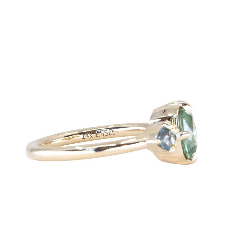 1.55ct Cushion Cut Montana Sapphire and Trillion Sapphire Antique Compass Set Low Profile Ring in 14k Yellow Gold