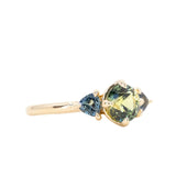 1.24ct Round Parti Green Australian Sapphire and Trillion Sapphire Low Profile Ring in 14k Yellow Gold