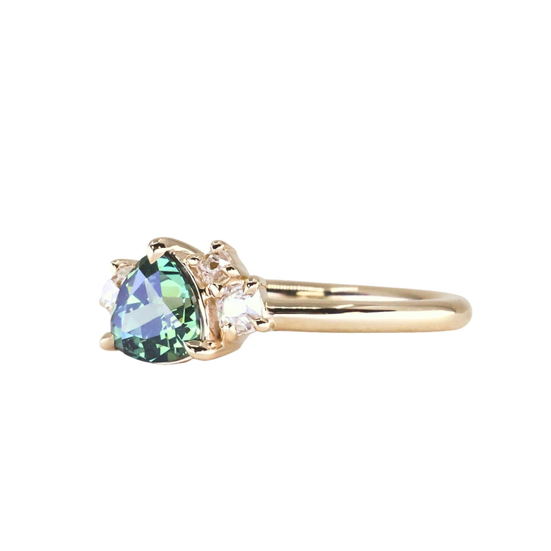 1.08ct Untreated Trillion Australian Sapphire and Antique Diamond Mountainscape Ring in 14k Yellow Gold