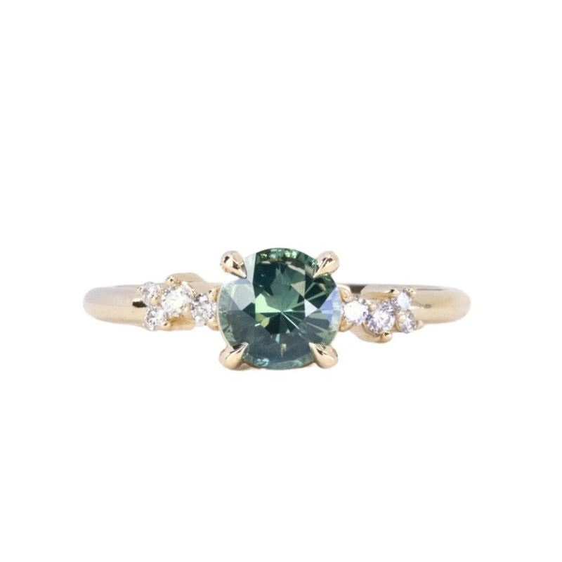 1.16ct Teal Green Madagascar Round Sapphire and Diamond Starry Night Low Profile Solitaire in 14k Yellow Gold