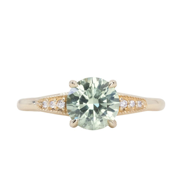 1.67ct Minty Montana Sapphire Four Prong Low Profile Milgrain and Diamond Ring in 14k Yellow Gold