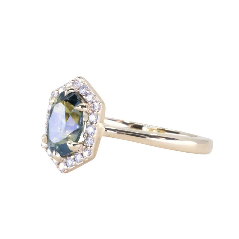 1.89ct Oval Untreated Parti Sapphire and Diamond Hexagon Stackable Halo in 14k Yellow Gold
