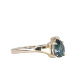 1.20ct Silky Teal Pear Sapphire Low Profile 5 Prong Tapered Solitaire in 14k Yellow Gold