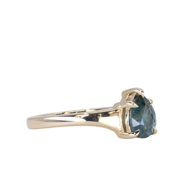 1.20ct Silky Teal Pear Sapphire Low Profile 5 Prong Tapered Solitaire in 14k Yellow Gold