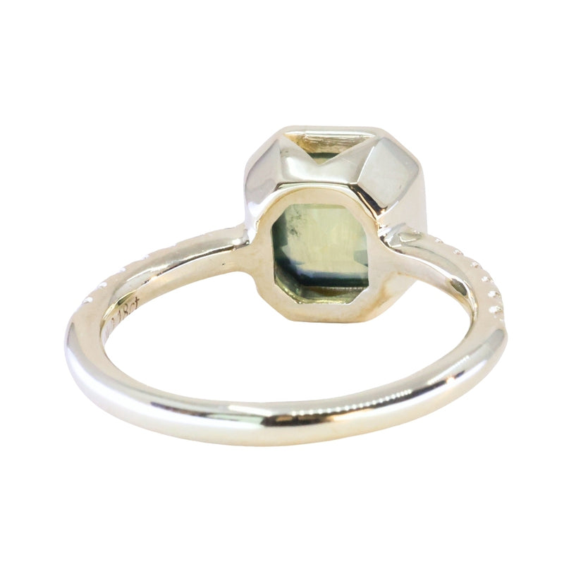 2.18ct Emerald Cut Parti Madagascar Sapphire Low Profile Bezel Solitaire Ring with Pavé Set Diamonds in 14k Green Gold