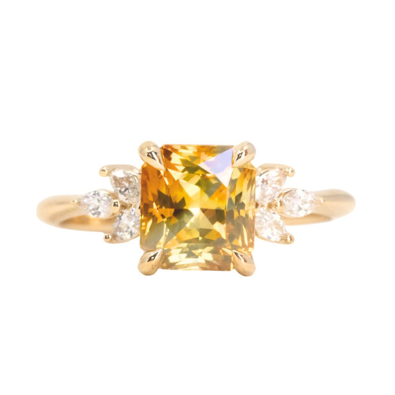 2.51ct Bicolor Orange White Sapphire Radiant Cut Marquise Diamond Cluster Ring in 14k Yellow Gold