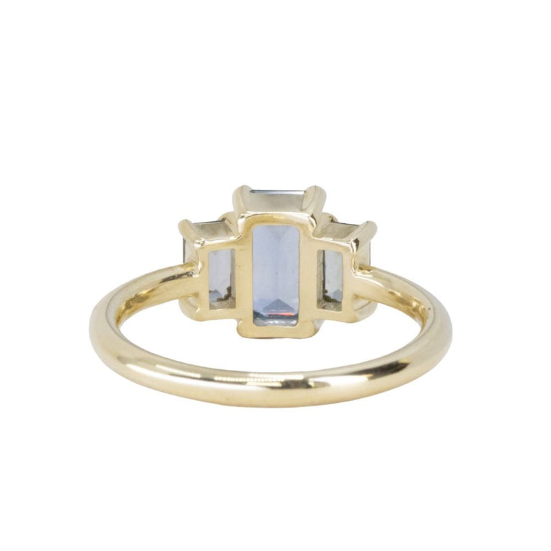 1.22ct Emerald Cut Untreated Montana Sapphire and Montana Sapphire Sides Three Stone Ring in 18k Yellow Gold