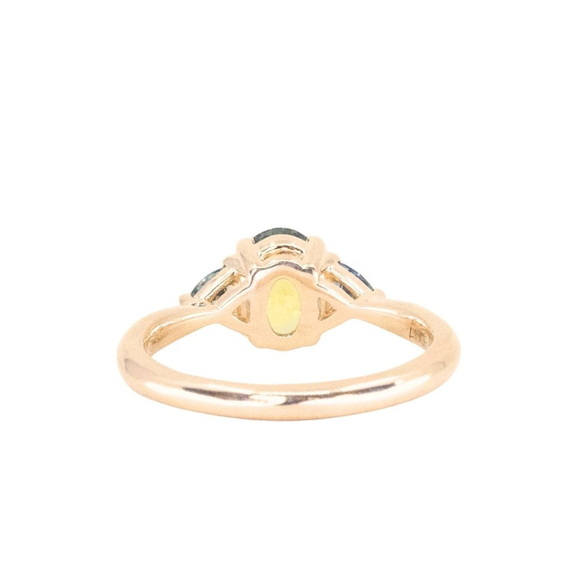 1.68ct Oval Untreated Madagascar Parti Sapphire and Trillion Sapphire Three Stone Low Profile Ring in 14k Yellow Gold