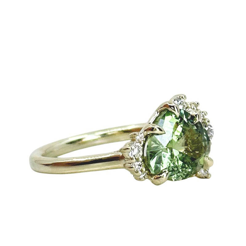 3.28ct Pear Untreated Montana Sapphire and Diamond Asymmetrical Cluster Ring in 14k Green Gold