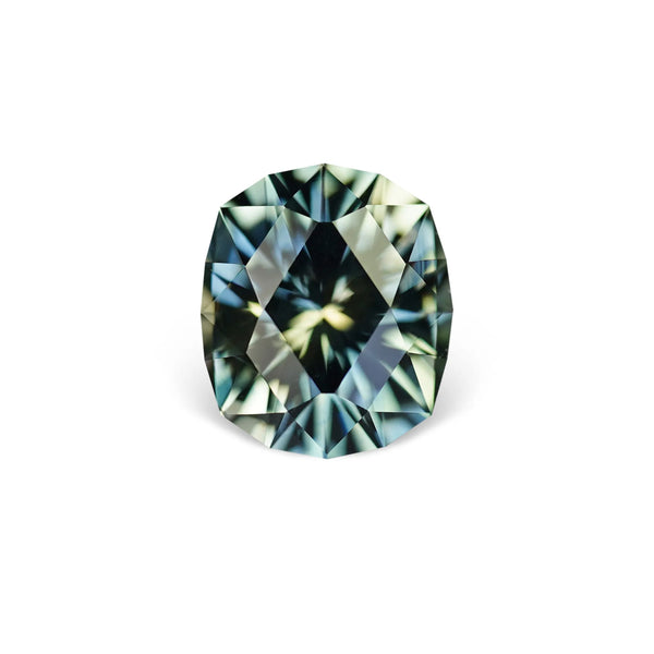 1.68CT FANCY ELONGATED CUSHION PRECISION CUT MONTANA SAPPHIRE, PARTI BLUE GREEN, 7.4X6.3MM