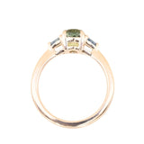 1.68ct Oval Untreated Madagascar Parti Sapphire and Trillion Sapphire Three Stone Low Profile Ring in 14k Yellow Gold