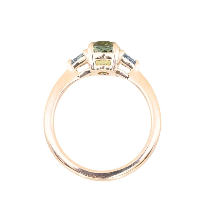 1.68ct Oval Untreated Madagascar Parti Sapphire and Trillion Sapphire Three Stone Low Profile Ring in 14k Yellow Gold