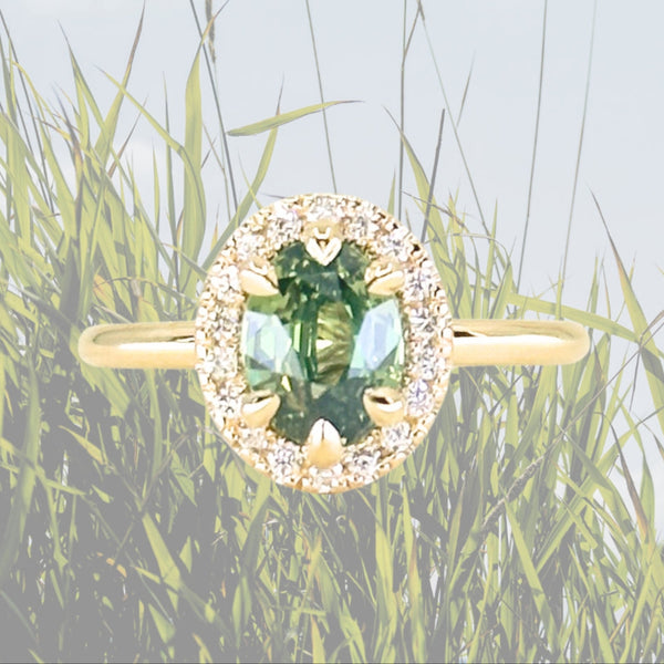 2.01ct Oval Untreated Madagascar Sapphire Six Prong Halo Stackable Ring in 14k Yellow Gold