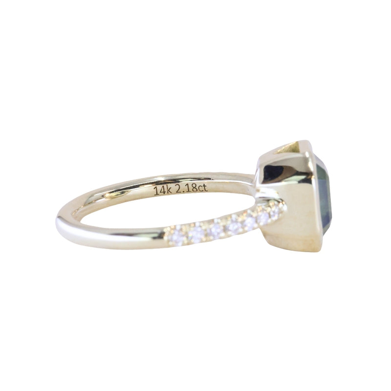 2.18ct Emerald Cut Parti Madagascar Sapphire Low Profile Bezel Solitaire Ring with Pavé Set Diamonds in 14k Green Gold