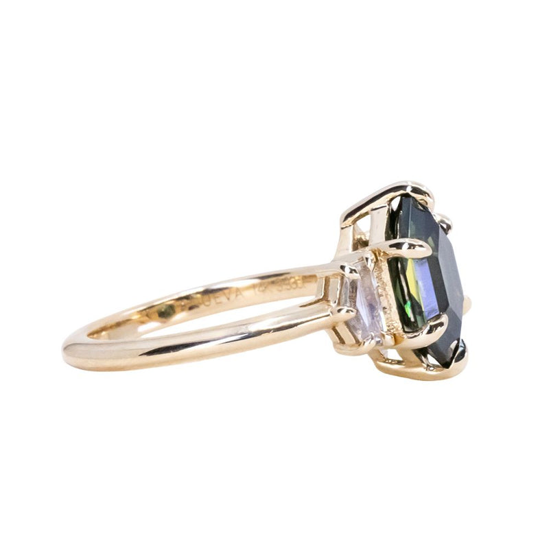 3.33ct Untreated Elongated Hexagon Sapphire and White Cadillac Sapphire Three Stone Ring in 14k Yellow Gold