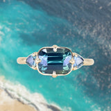 2.53ct Untreated Glowy Teal Cushion Cut Sapphire and Trillion Sapphire Antique Compass East-West Set Low Profile Ring in 14k Yellow Gold