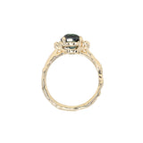 3.05ct Round Deep Blue Green Madagascar Sapphire and Diamond Evergreen Asymmetrical Cluster Ring in 8k Yellow Gold