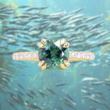 1.97ct Untreated Round Nigerian Teal Green Sapphire Double Prong Solitaire with Pave Set Diamonds in 18k Yellow Gold