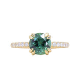 1.97ct Untreated Round Nigerian Teal Green Sapphire Double Prong Solitaire with Pave Set Diamonds in 18k Yellow Gold